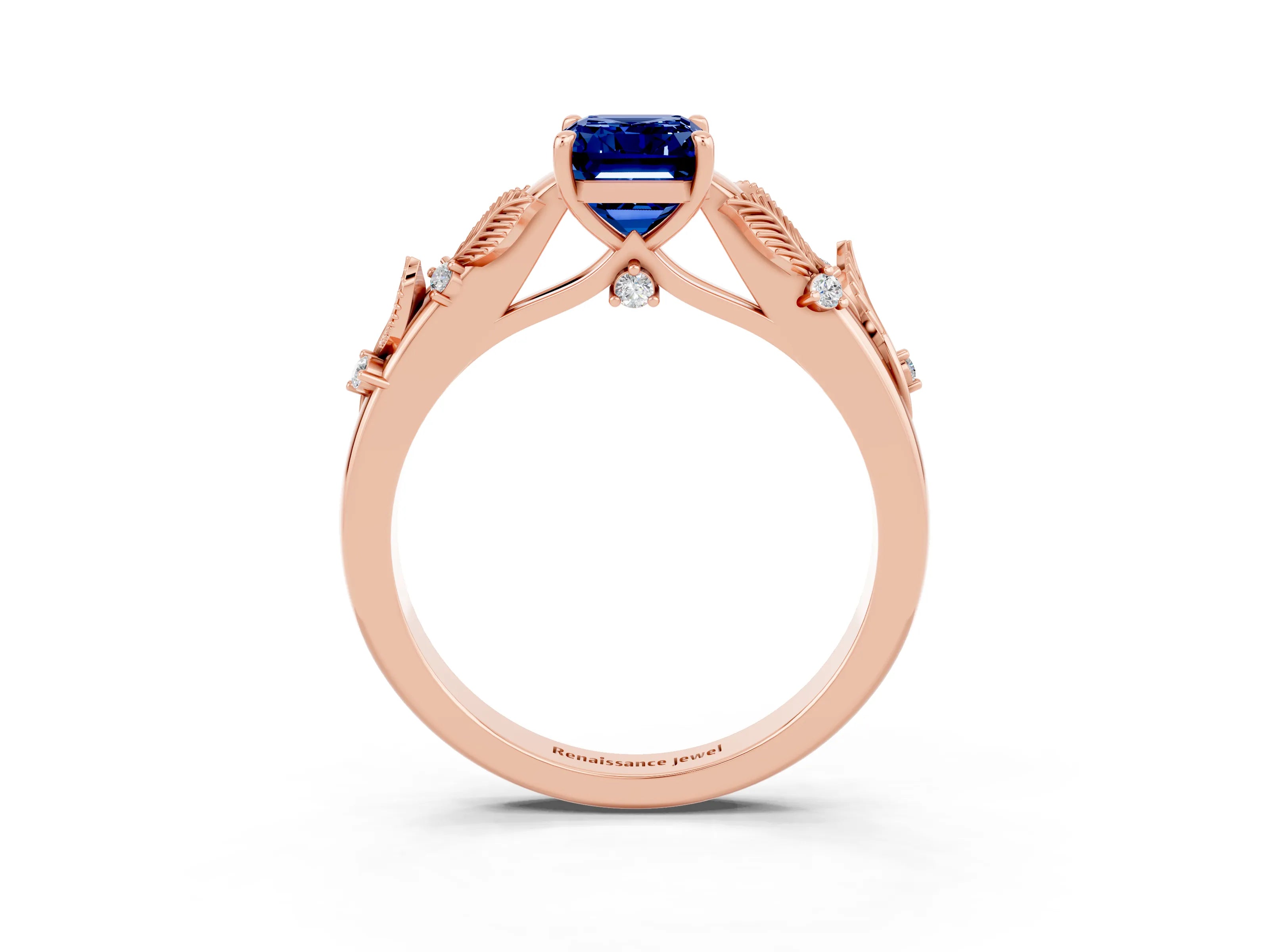 Rose gold Emerald Cut Blue Sapphire Solitaire Ring with Leaf Motif Band and Four-Prong Setting_3