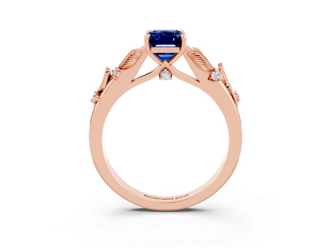 Rose gold Emerald Cut Blue Sapphire Solitaire Ring with Leaf Motif Band and Four-Prong Setting_3