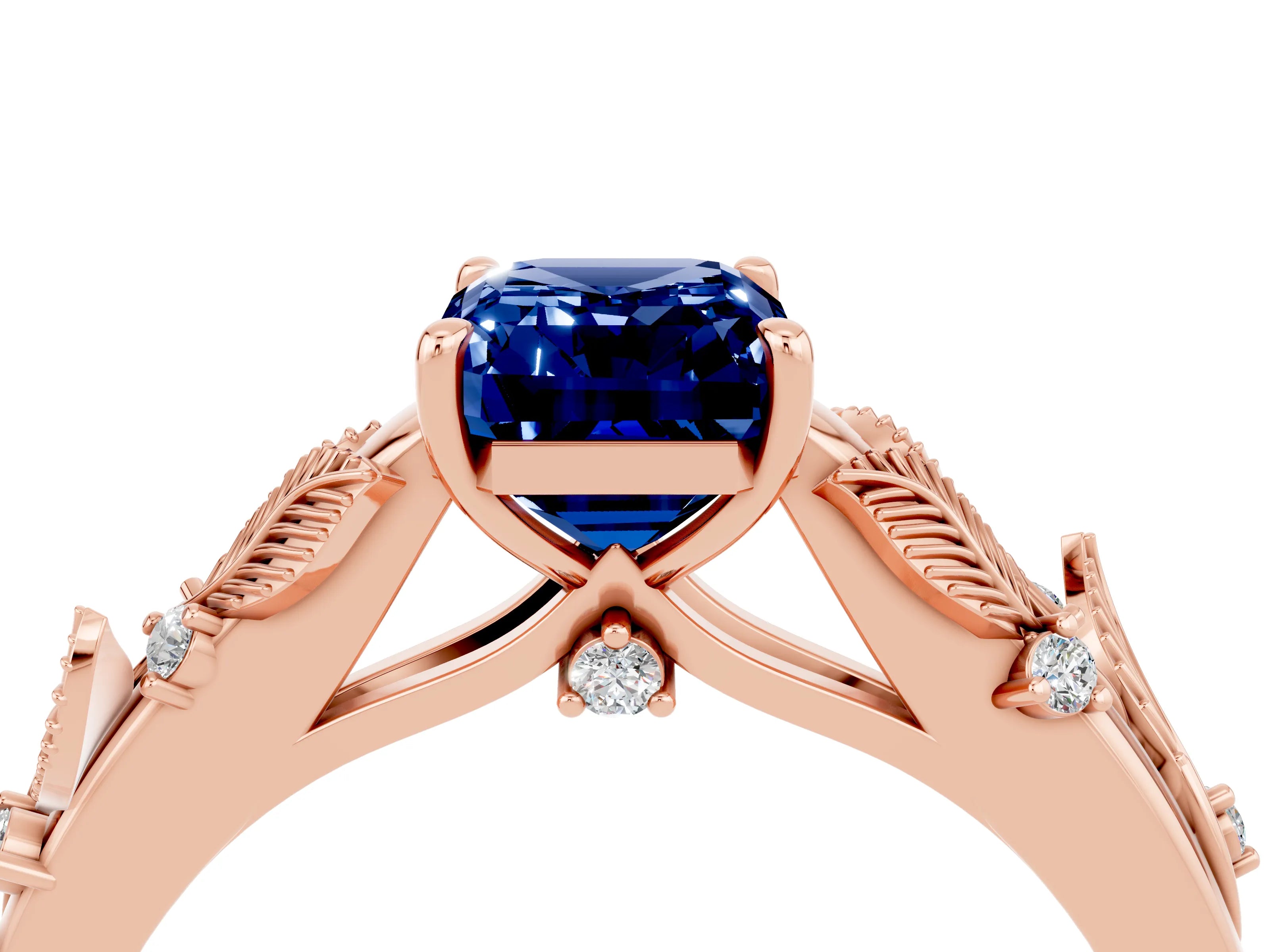 Rose gold Emerald Cut Blue Sapphire Solitaire Ring with Leaf Motif Band and Four-Prong Setting_4