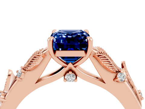 Rose gold Emerald Cut Blue Sapphire Solitaire Ring with Leaf Motif Band and Four-Prong Setting_4