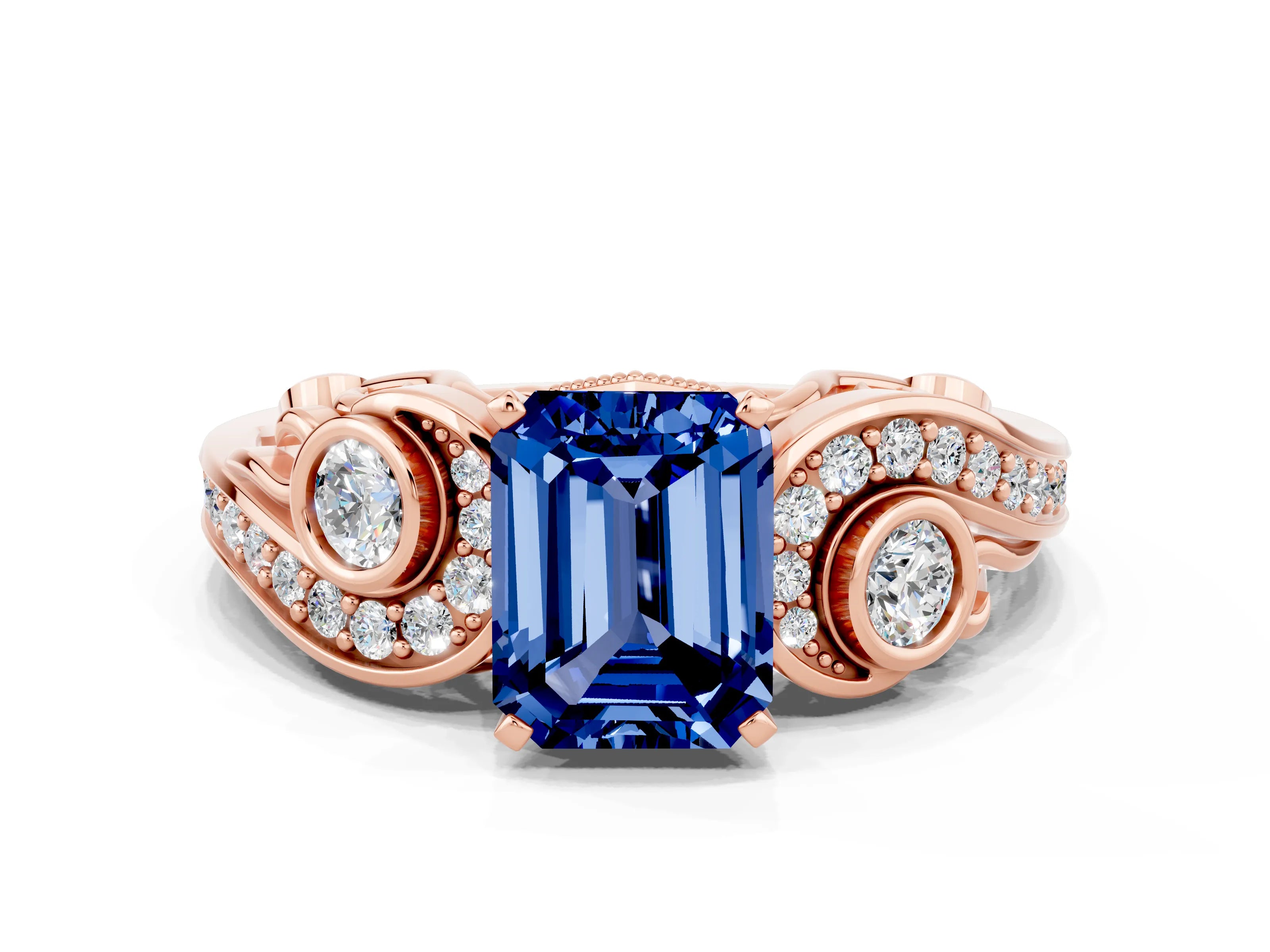 Rose gold Emerald Cut Blue Sapphire Solitaire Ring with Milgrain Pavé Band and Four-Prong Setting_24