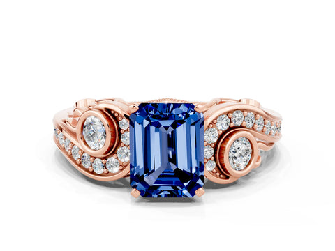 Rose gold Emerald Cut Blue Sapphire Solitaire Ring with Milgrain Pavé Band and Four-Prong Setting_24
