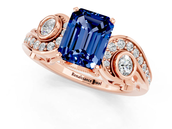Rose gold Emerald Cut Blue Sapphire Solitaire Ring with Milgrain Pavé Band and Four-Prong Setting