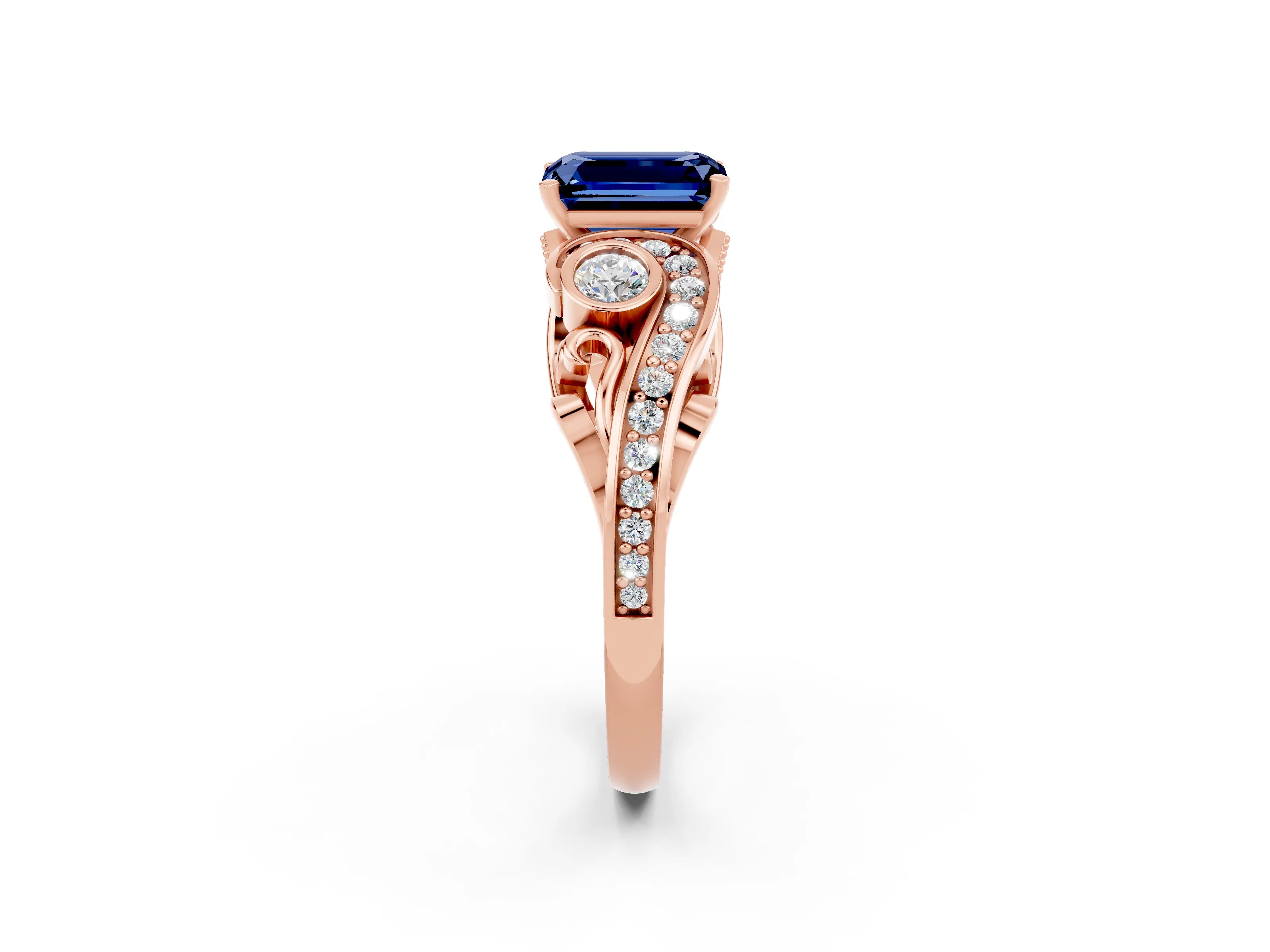 Rose gold Emerald Cut Blue Sapphire Solitaire Ring with Milgrain Pavé Band and Four-Prong Setting_26
