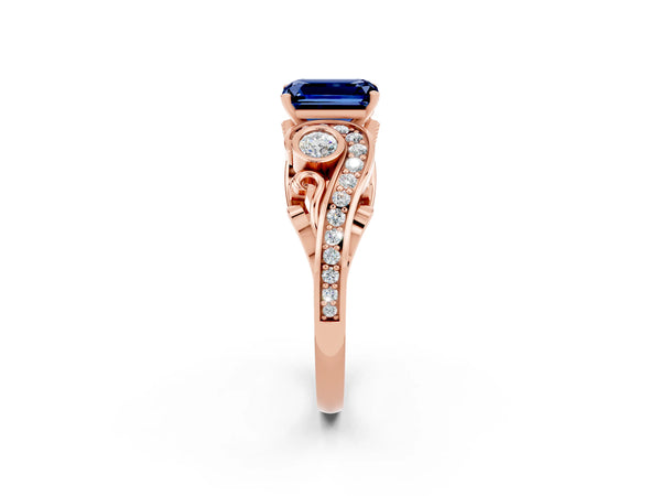 Rose gold Emerald Cut Blue Sapphire Solitaire Ring with Milgrain Pavé Band and Four-Prong Setting