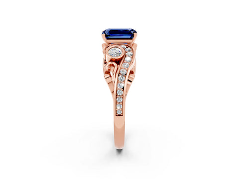 Rose gold Emerald Cut Blue Sapphire Solitaire Ring with Milgrain Pavé Band and Four-Prong Setting_26