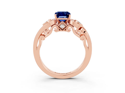 Rose gold Emerald Cut Blue Sapphire Solitaire Ring with Milgrain Pavé Band and Four-Prong Setting_27
