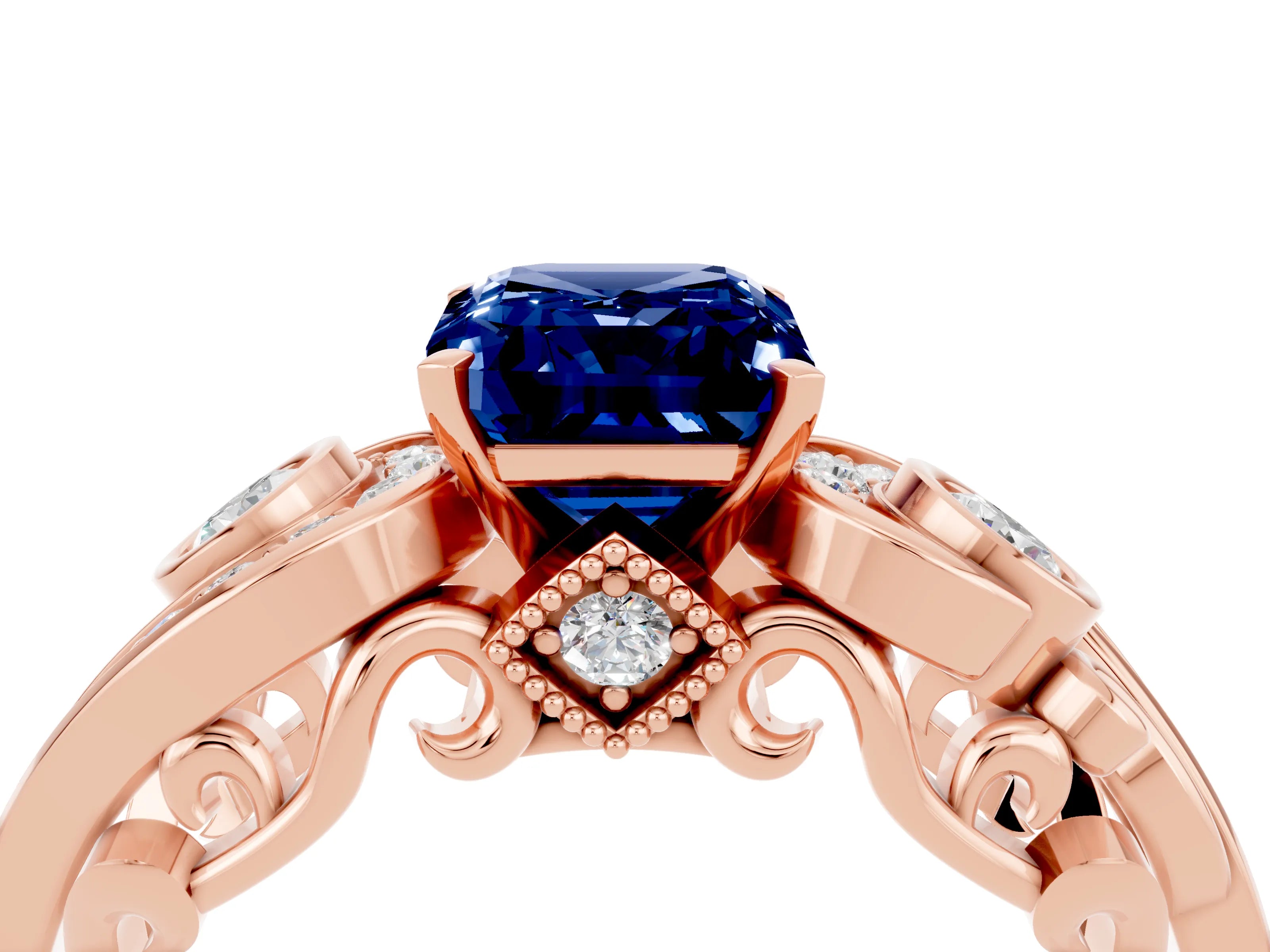 Rose gold Emerald Cut Blue Sapphire Solitaire Ring with Milgrain Pavé Band and Four-Prong Setting_28