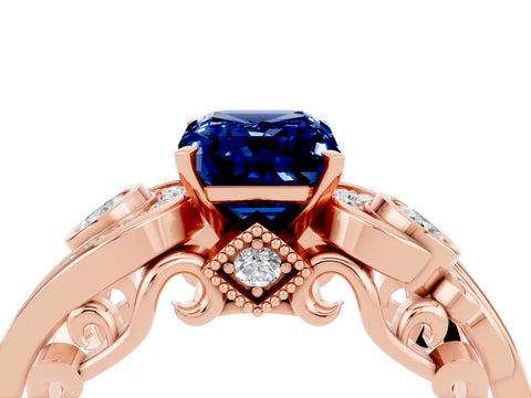 Rose gold Emerald Cut Blue Sapphire Solitaire Ring with Milgrain Pavé Band and Four-Prong Setting_28