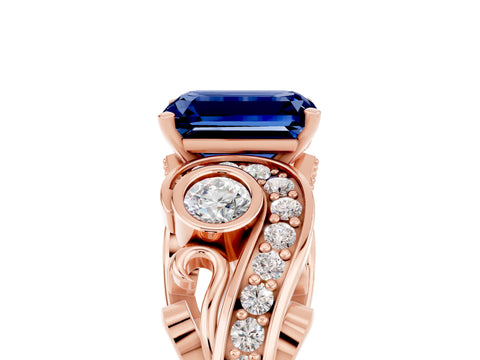 Rose gold Emerald Cut Blue Sapphire Solitaire Ring with Milgrain Pavé Band and Four-Prong Setting_29