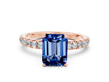 Rose gold Emerald Cut Blue Sapphire Solitaire Ring with Pavé Accents and Four-Prong Setting