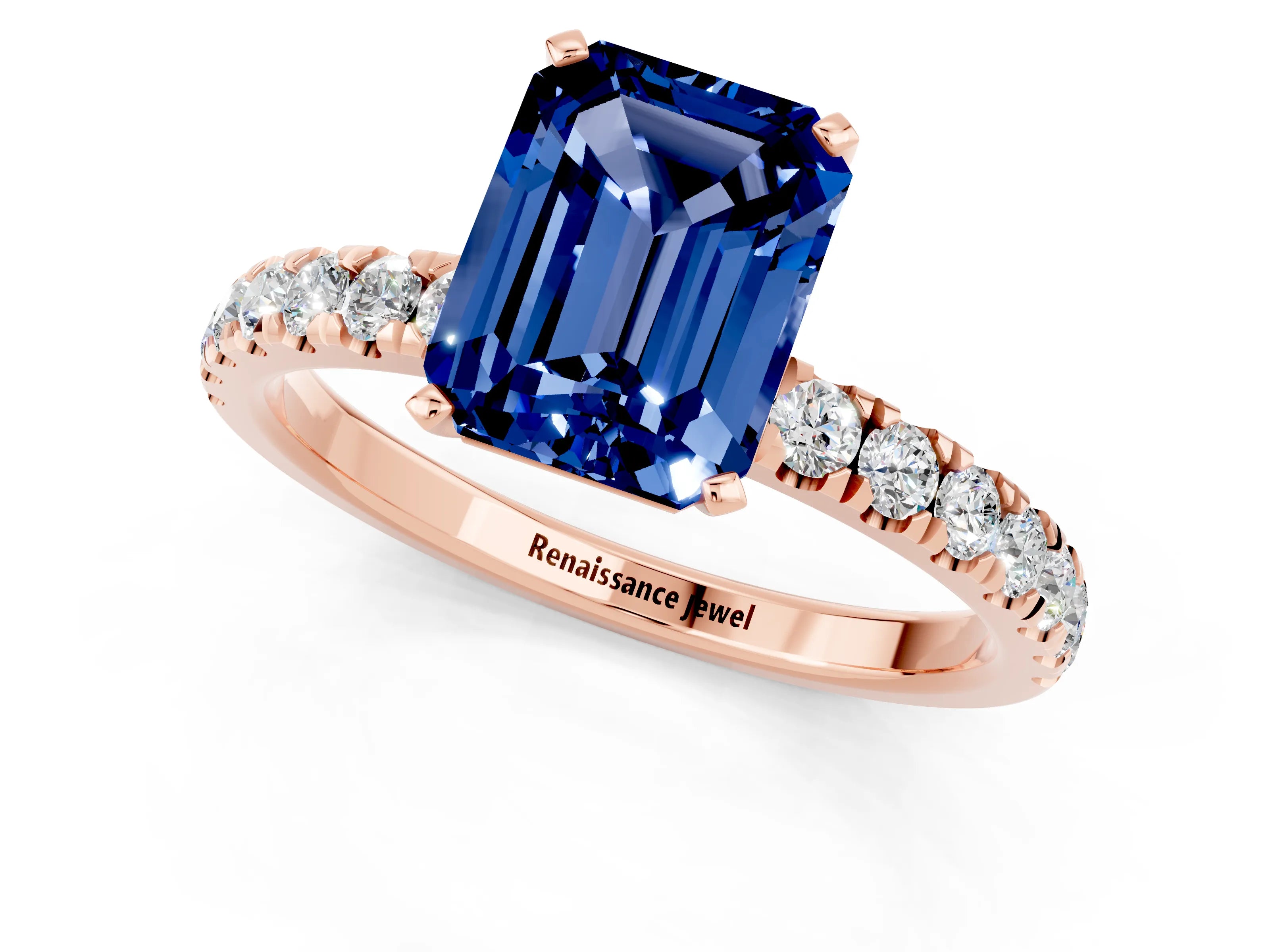 Rose gold Emerald Cut Blue Sapphire Solitaire Ring with Pavé Accents and Four-Prong Setting_1