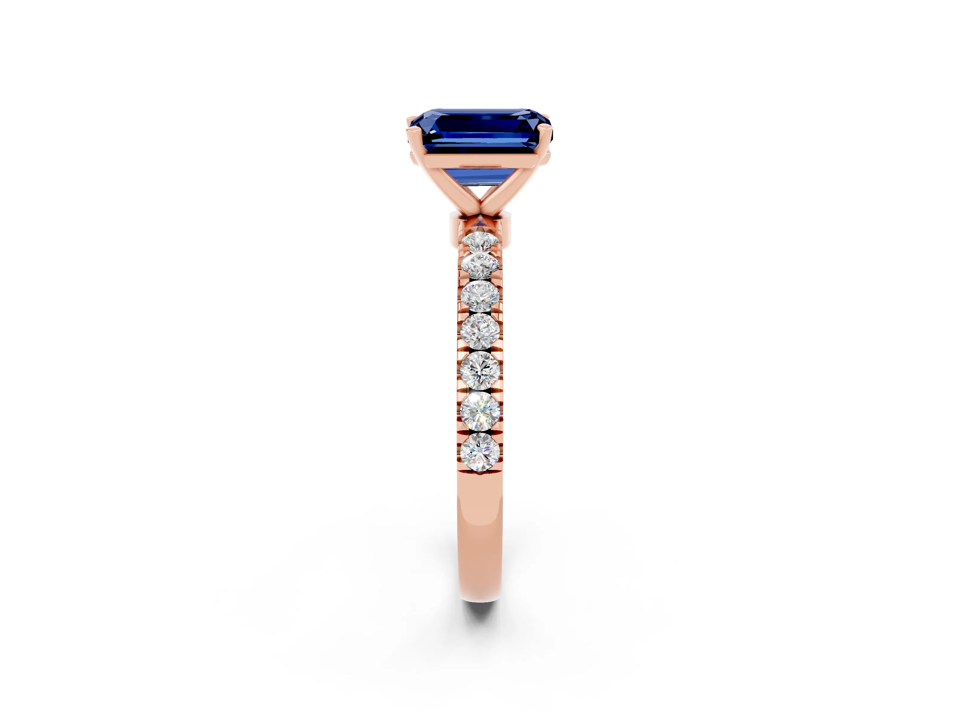 Rose gold Emerald Cut Blue Sapphire Solitaire Ring with Pavé Accents and Four-Prong Setting_2
