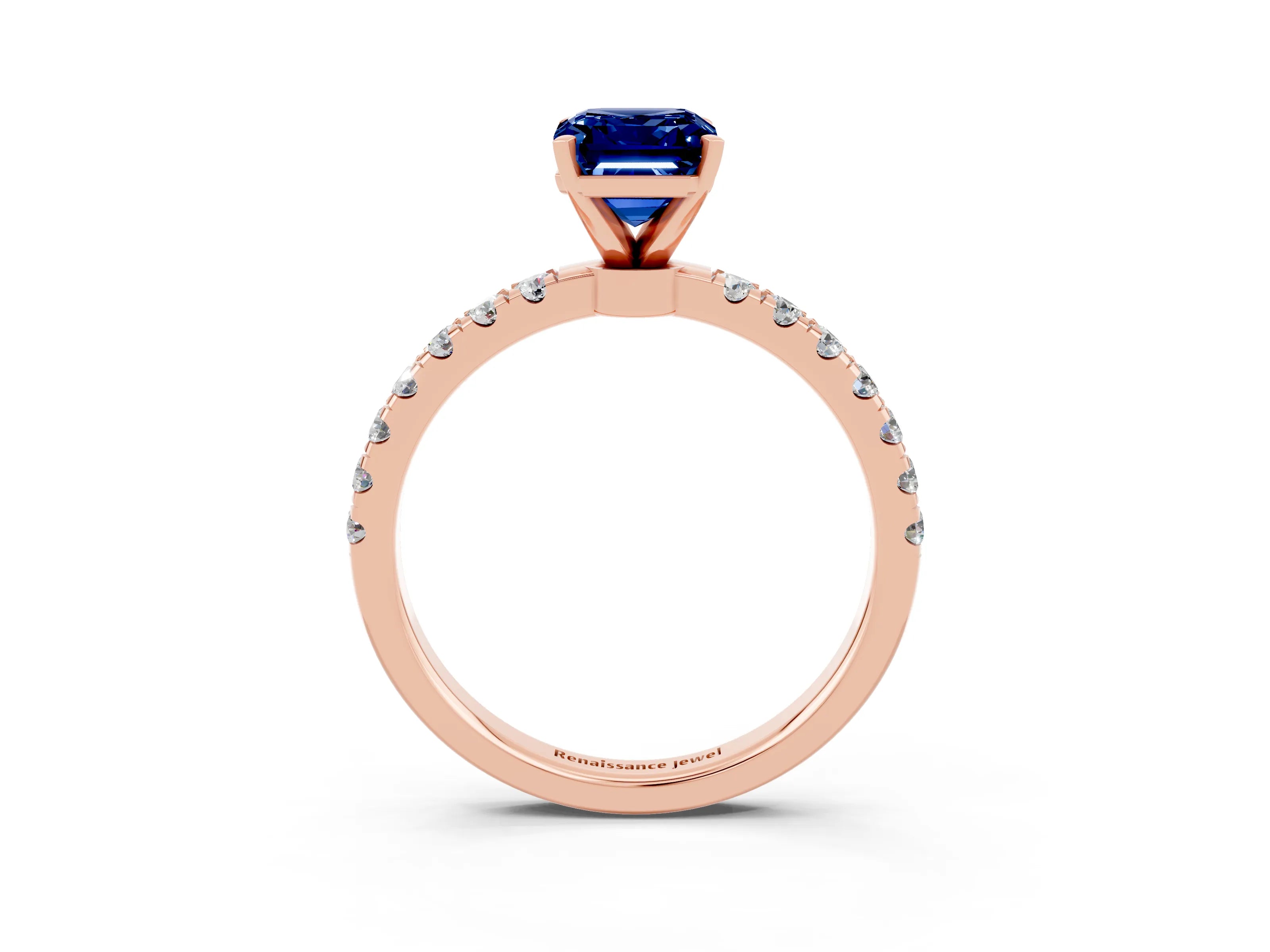 Rose gold Emerald Cut Blue Sapphire Solitaire Ring with Pavé Accents and Four-Prong Setting_3