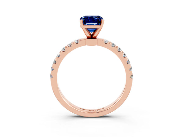Rose gold Emerald Cut Blue Sapphire Solitaire Ring with Pavé Accents and Four-Prong Setting