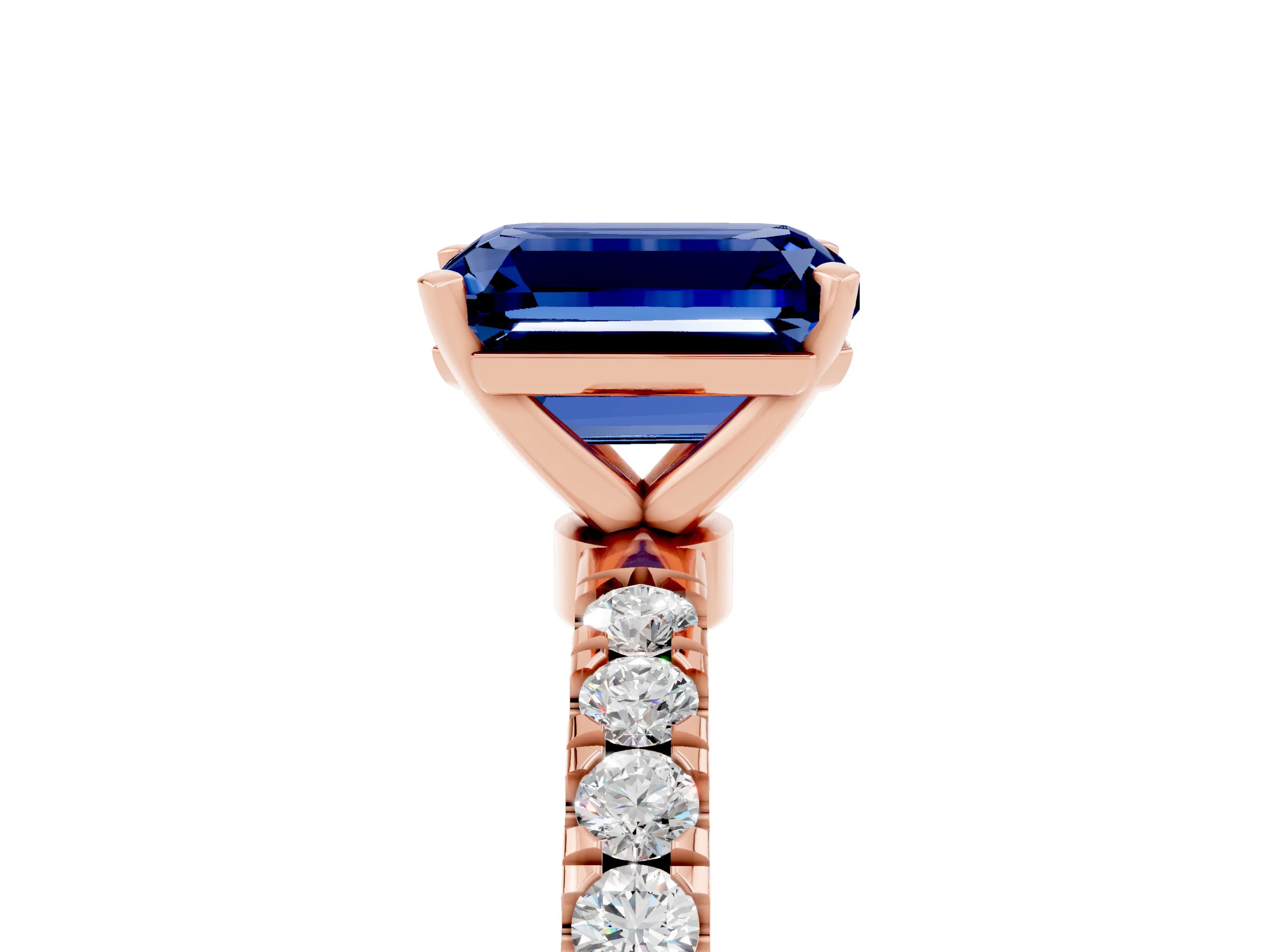 Rose gold Emerald Cut Blue Sapphire Solitaire Ring with Pavé Accents and Four-Prong Setting_5
