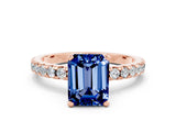 Rose gold Emerald Cut Blue Sapphire Solitaire Ring with Pavé Band and Four-Prong Setting_24
