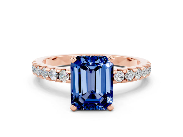 Rose gold Emerald Cut Blue Sapphire Solitaire Ring with Round  Pavé Band and Four-Prong Setting