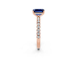 Rose gold Emerald Cut Blue Sapphire Solitaire Ring with Pavé Band and Four-Prong Setting_26