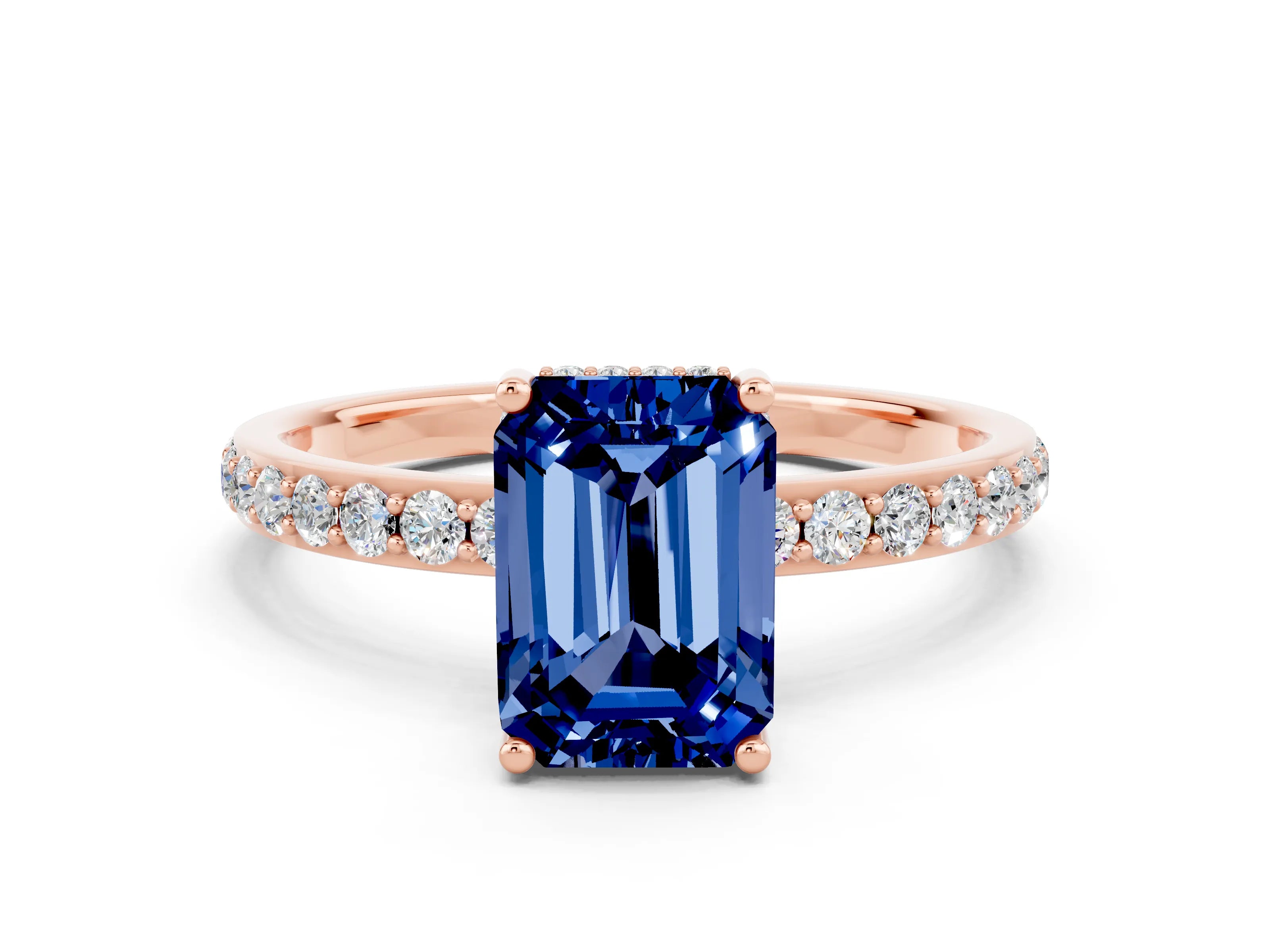 Rose gold Emerald Cut Blue Sapphire Solitaire Ring with Pavé Band and Hidden Halo_12