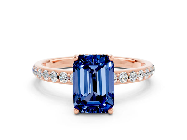 Rose gold Emerald Cut Blue Sapphire Solitaire Ring with Pavé Band and Hidden Halo