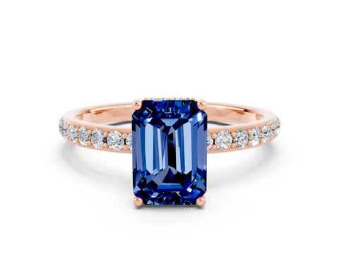 Rose gold Emerald Cut Blue Sapphire Solitaire Ring with Pavé Band and Hidden Halo_12