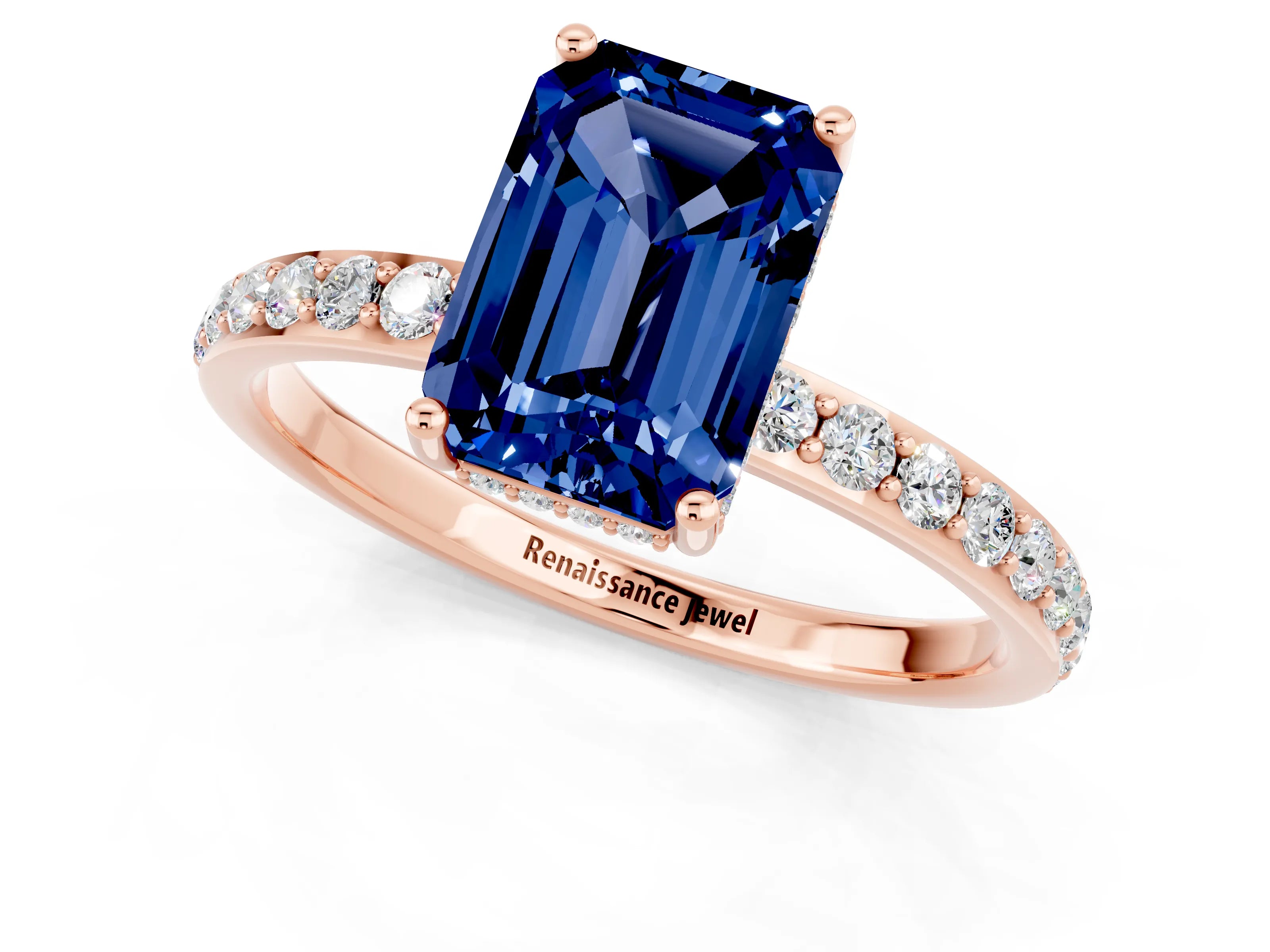 Rose gold Emerald Cut Blue Sapphire Solitaire Ring with Pavé Band and Hidden Halo_13