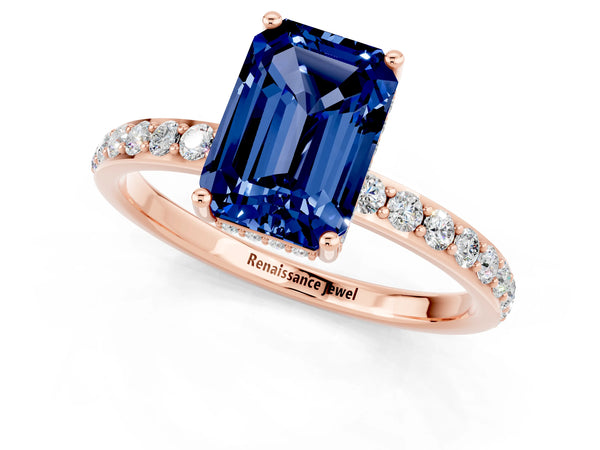 Rose gold Emerald Cut Blue Sapphire Solitaire Ring with Pavé Band and Hidden Halo