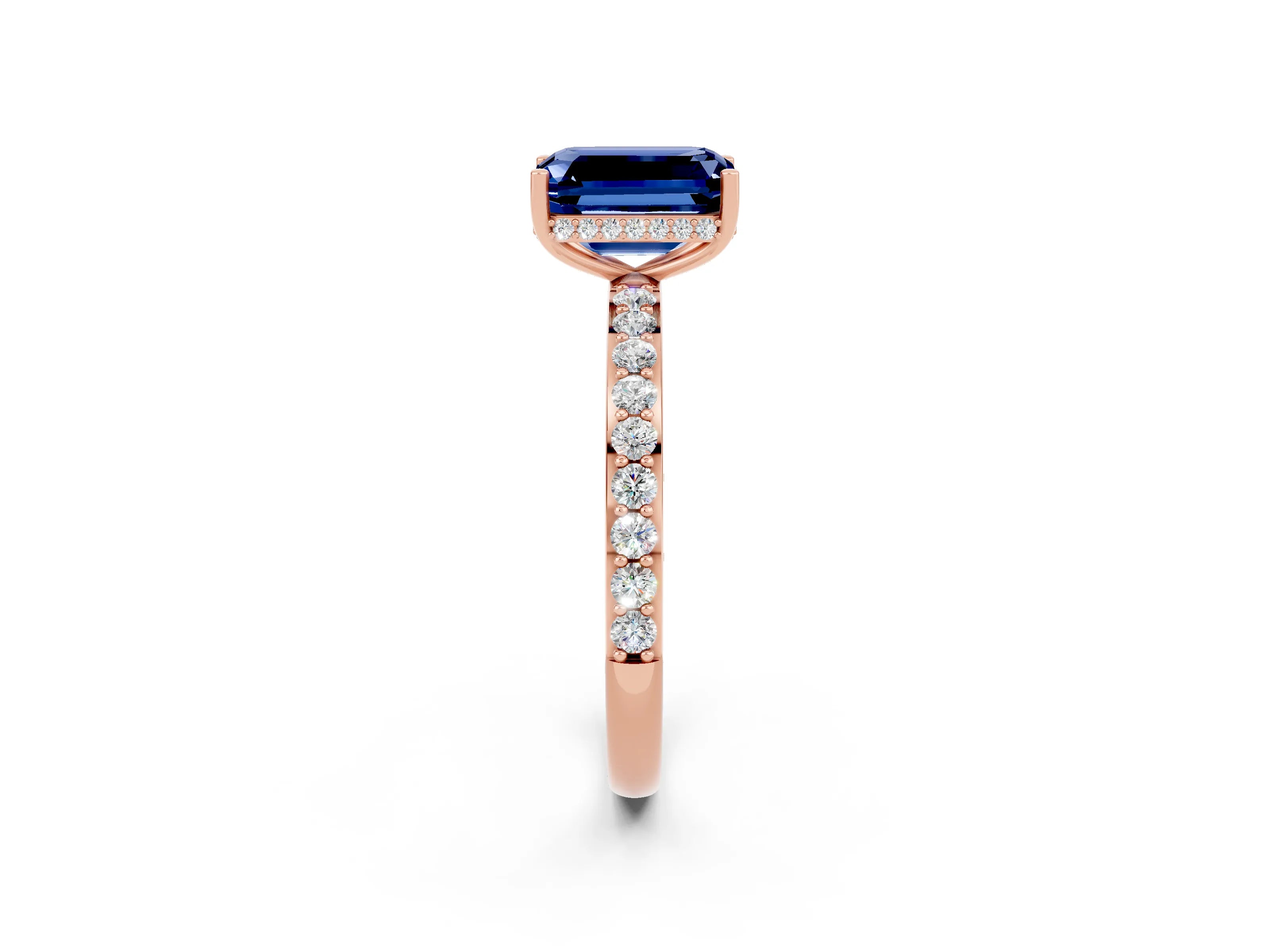 Rose gold Emerald Cut Blue Sapphire Solitaire Ring with Pavé Band and Hidden Halo_14