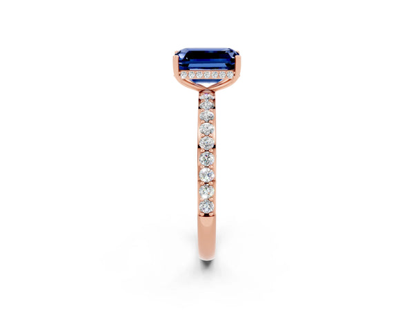 Rose gold Emerald Cut Blue Sapphire Solitaire Ring with Pavé Band and Hidden Halo