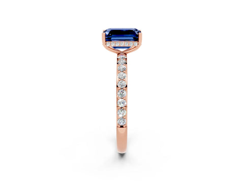 Rose gold Emerald Cut Blue Sapphire Solitaire Ring with Pavé Band and Hidden Halo_14