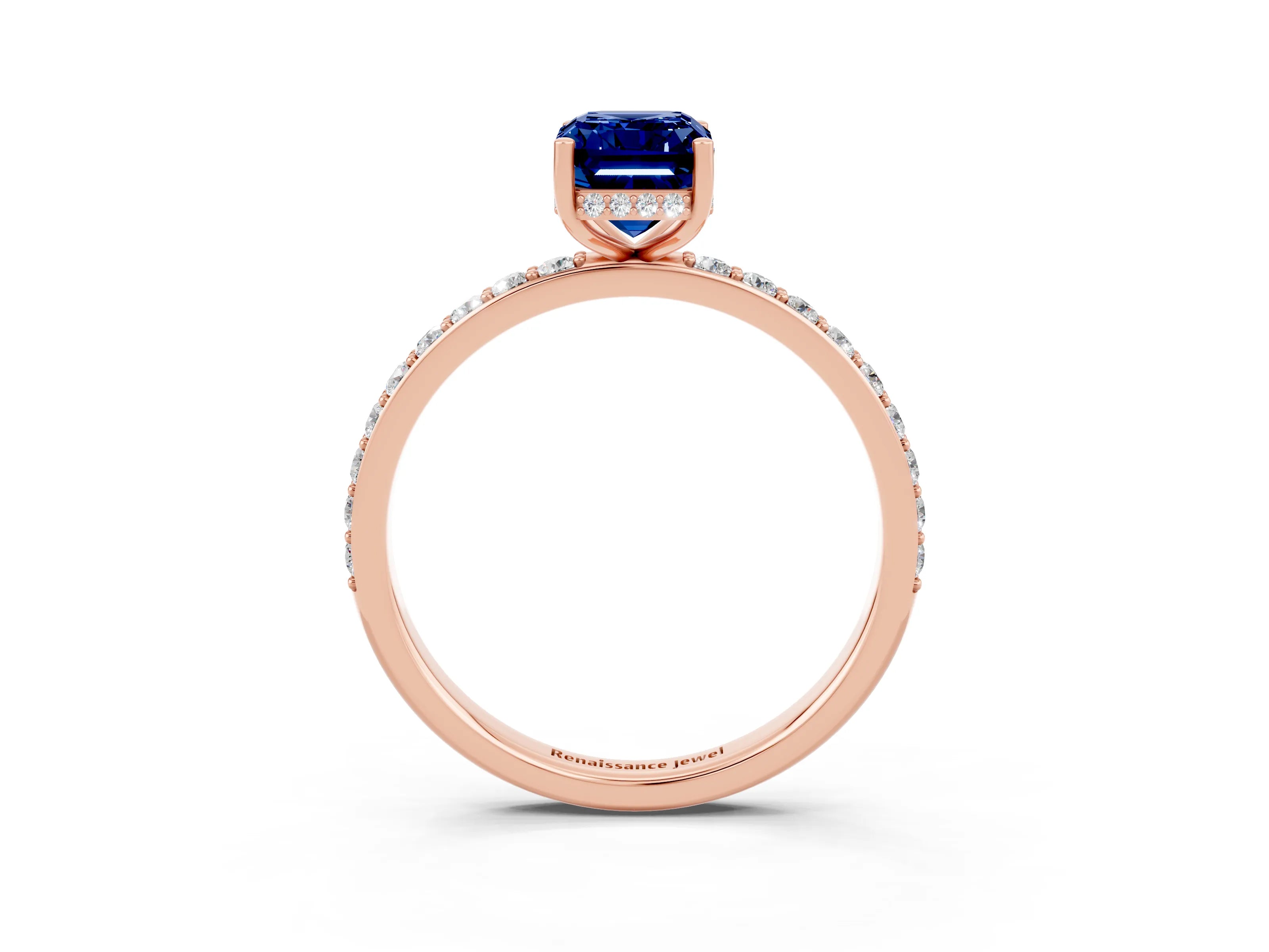 Rose gold Emerald Cut Blue Sapphire Solitaire Ring with Pavé Band and Hidden Halo_15