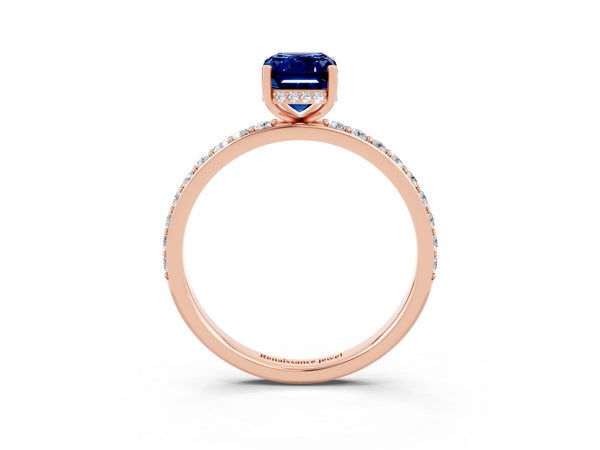 Rose gold Emerald Cut Blue Sapphire Solitaire Ring with Pavé Band and Hidden Halo