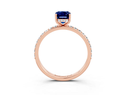 Rose gold Emerald Cut Blue Sapphire Solitaire Ring with Pavé Band and Hidden Halo_15