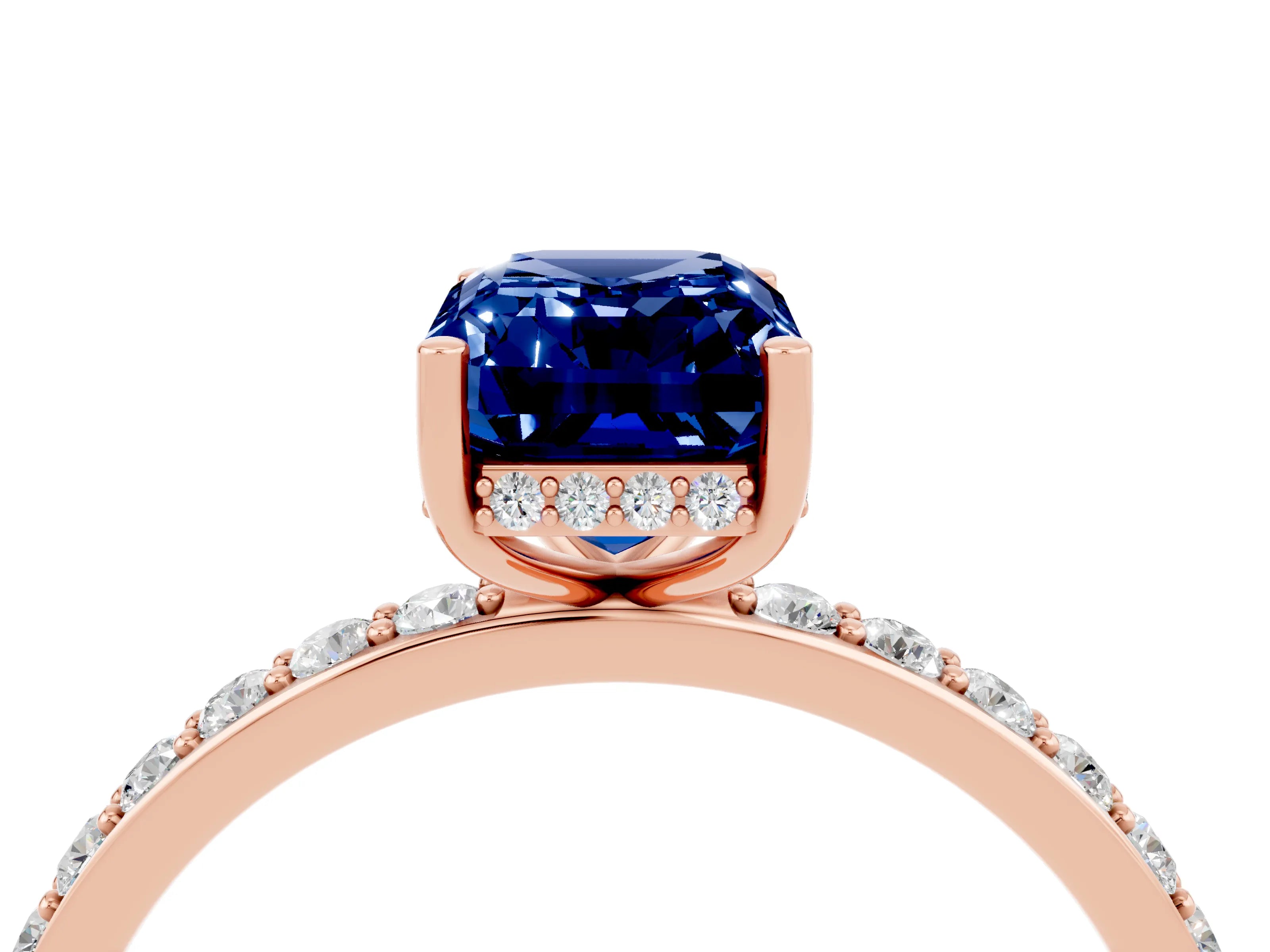 Rose gold Emerald Cut Blue Sapphire Solitaire Ring with Pavé Band and Hidden Halo_16
