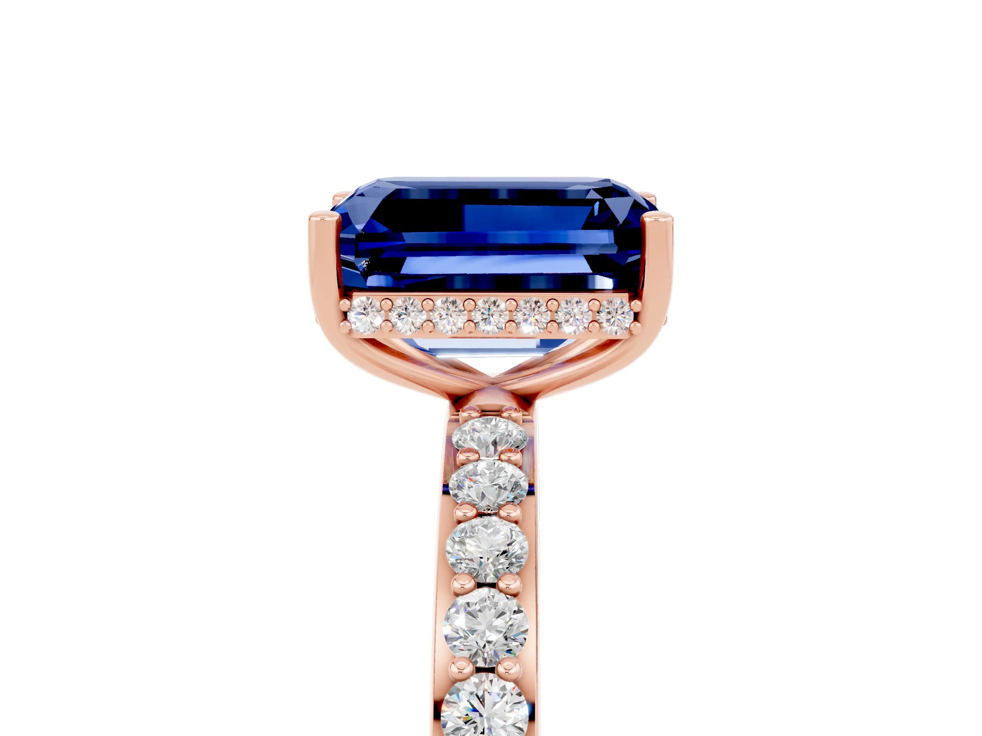 Rose gold Emerald Cut Blue Sapphire Solitaire Ring with Pavé Band and Hidden Halo_17