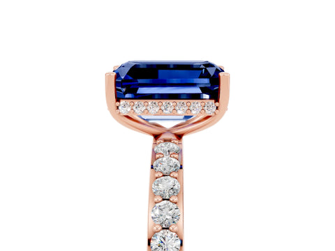 Rose gold Emerald Cut Blue Sapphire Solitaire Ring with Pavé Band and Hidden Halo_17
