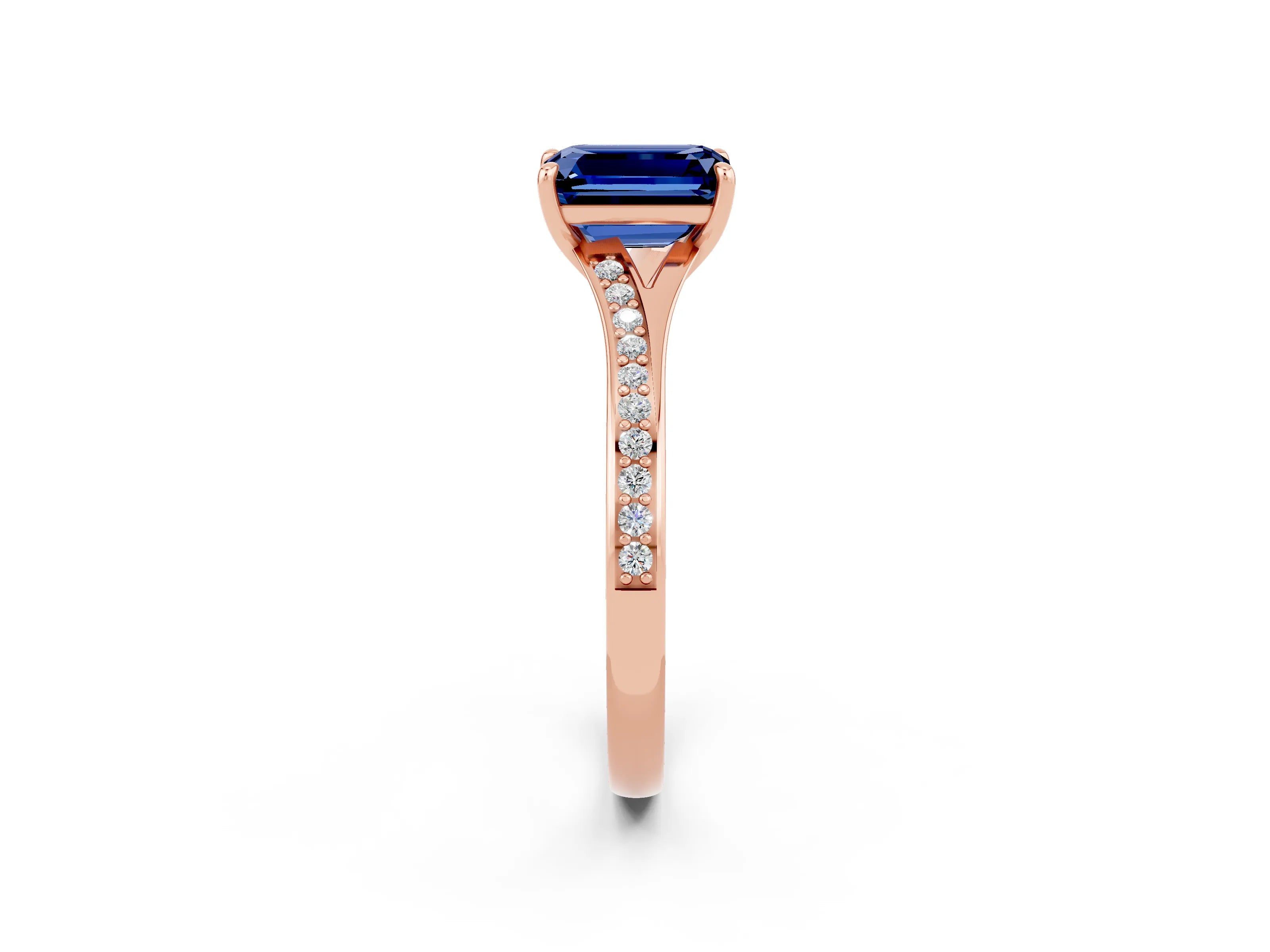 Rose gold Emerald Cut Blue Sapphire Solitaire Ring with Pavé Band and Prong Setting_2