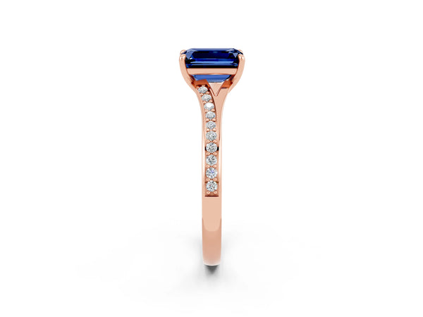 Rose gold Emerald Cut Blue Sapphire Solitaire Ring with Pavé Band and Prong Setting
