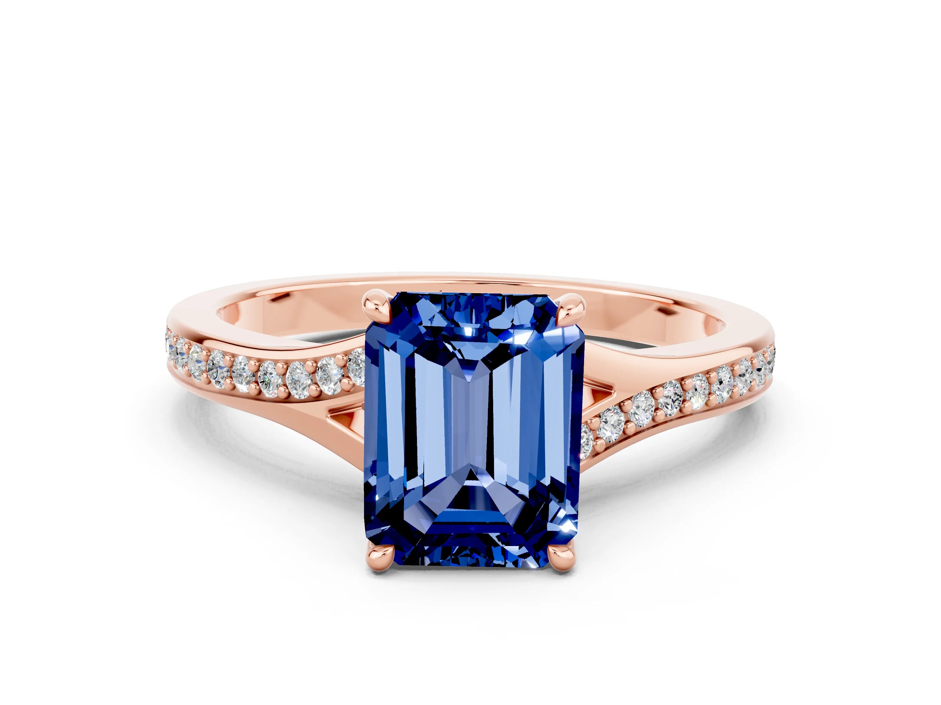 Rose gold Emerald Cut Blue Sapphire Solitaire Ring with Pavé Band and Prong Setting_24