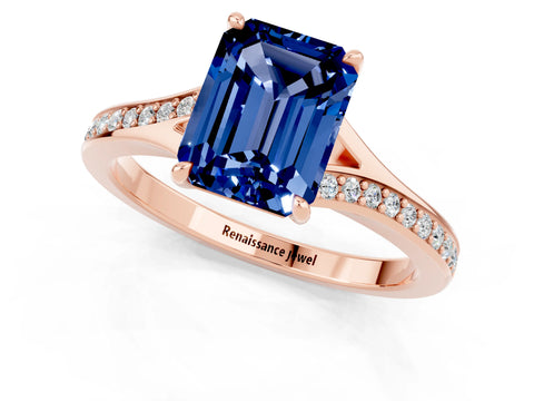 Rose gold Emerald Cut Blue Sapphire Solitaire Ring with Pavé Band and Prong Setting_25