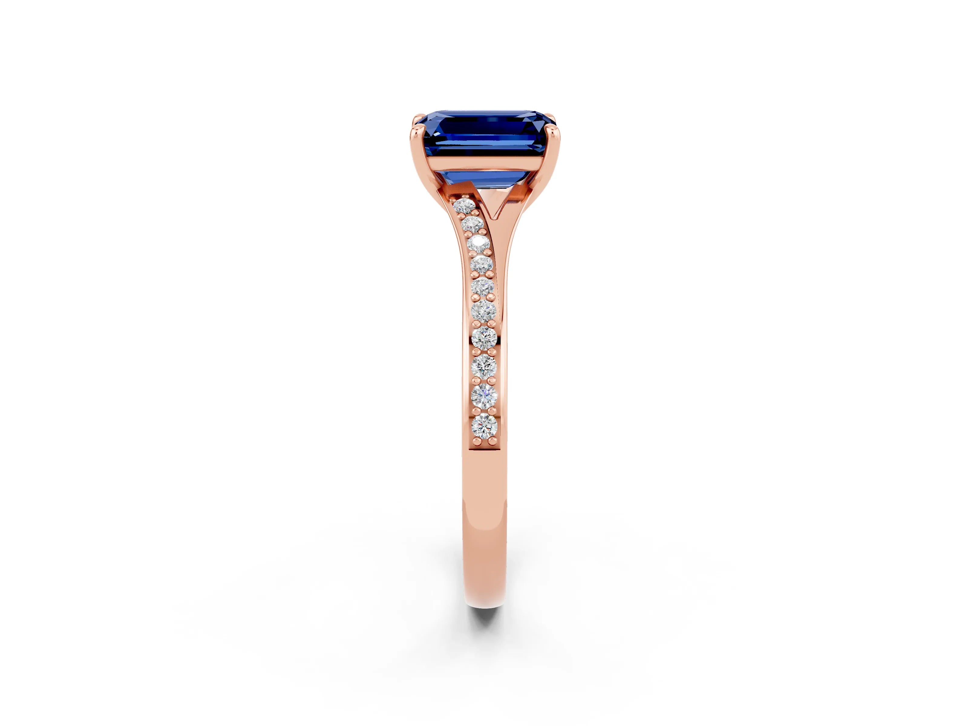Rose gold Emerald Cut Blue Sapphire Solitaire Ring with Pavé Band and Prong Setting_26