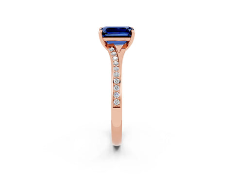 Rose gold Emerald Cut Blue Sapphire Solitaire Ring with Pavé Band and Prong Setting_26