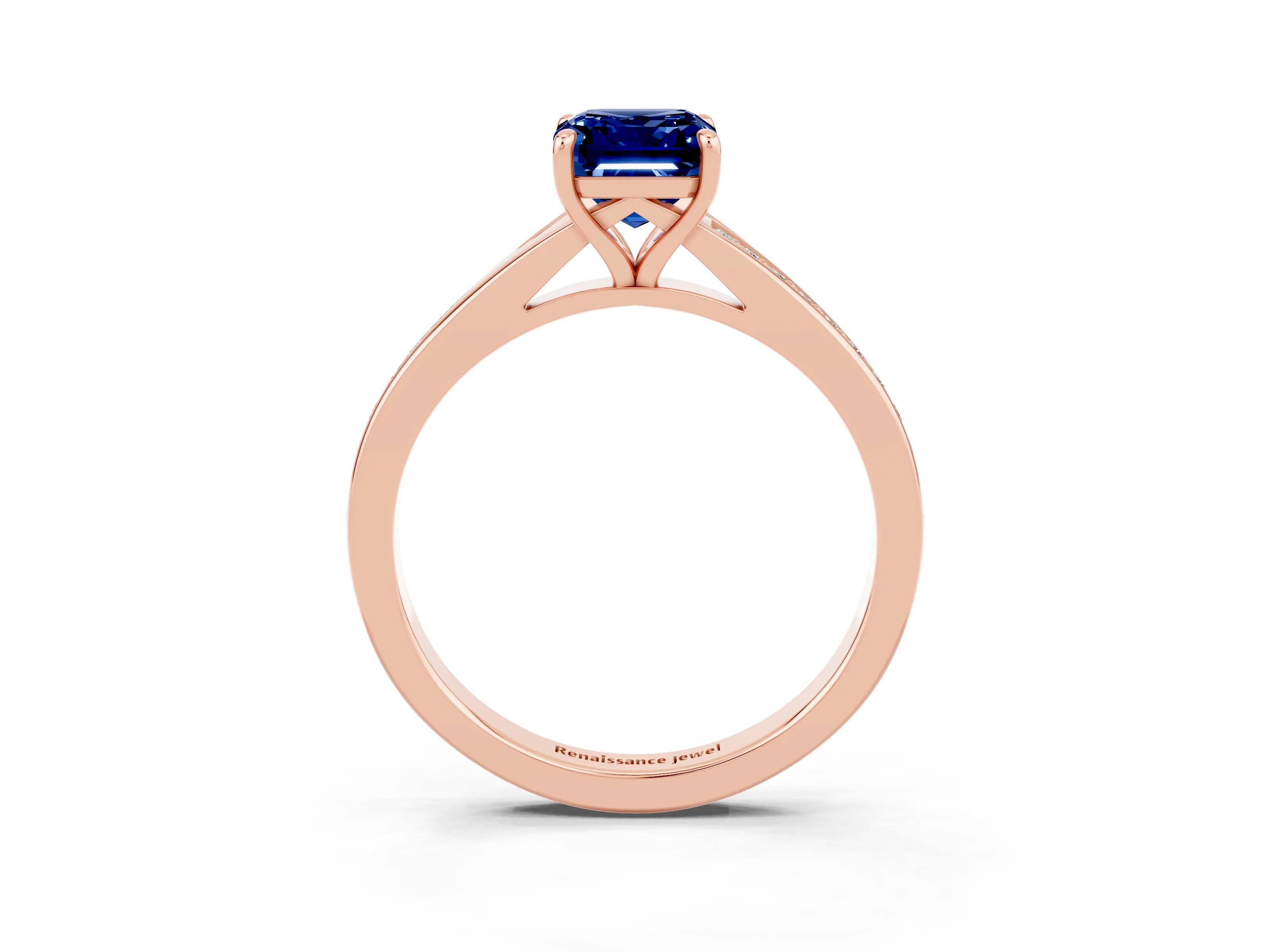 Rose gold Emerald Cut Blue Sapphire Solitaire Ring with Pavé Band and Prong Setting_27
