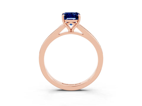 Rose gold Emerald Cut Blue Sapphire Solitaire Ring with Pavé Band and Prong Setting_27