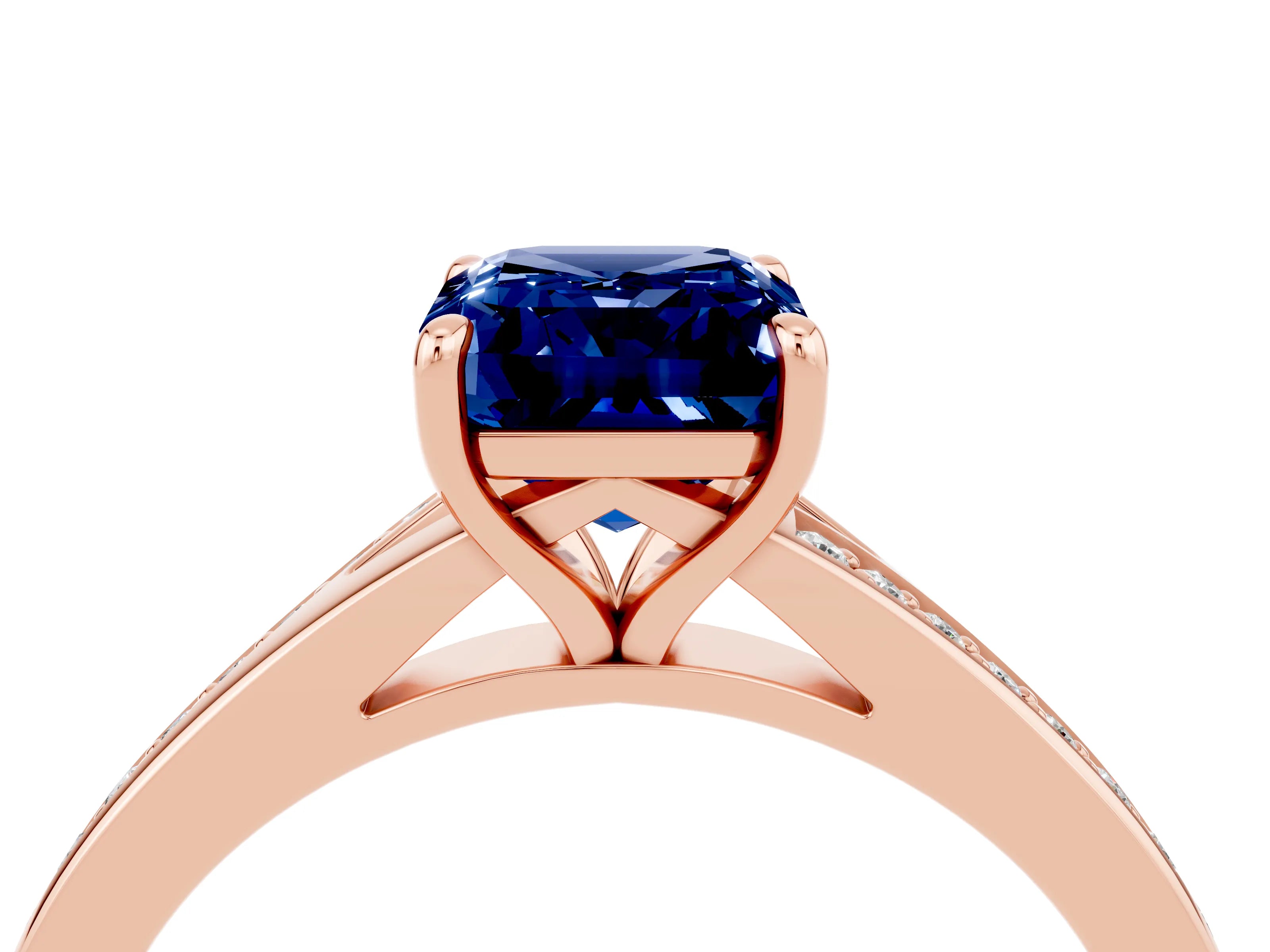 Rose gold Emerald Cut Blue Sapphire Solitaire Ring with Pavé Band and Prong Setting_28