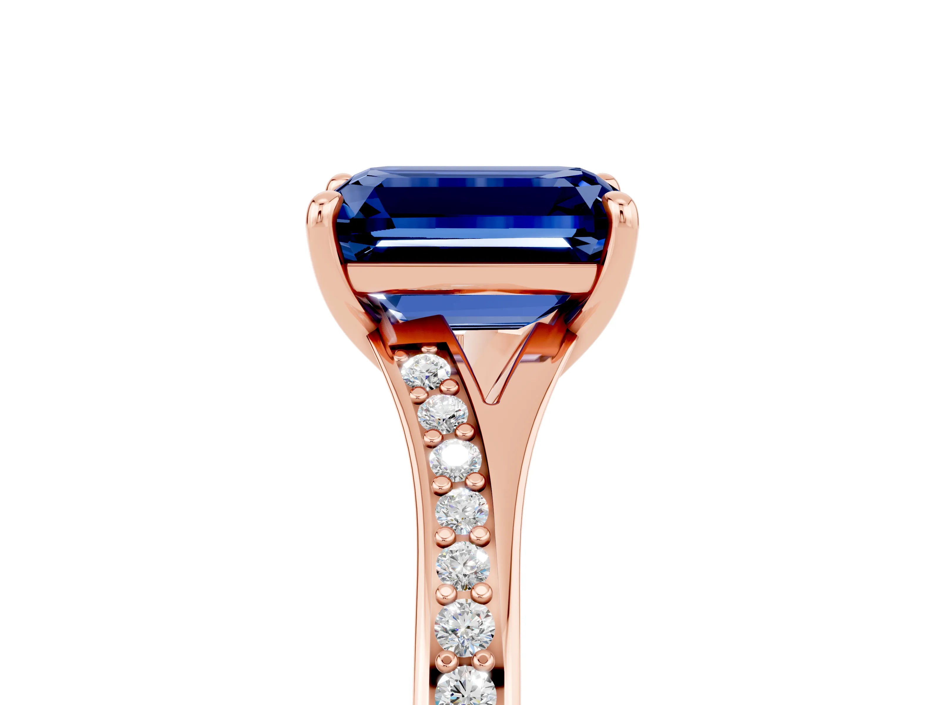 Rose gold Emerald Cut Blue Sapphire Solitaire Ring with Pavé Band and Prong Setting_29