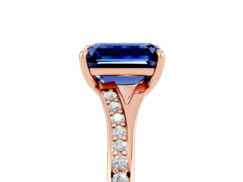 Rose gold Emerald Cut Blue Sapphire Solitaire Ring with Pavé Band and Prong Setting_29