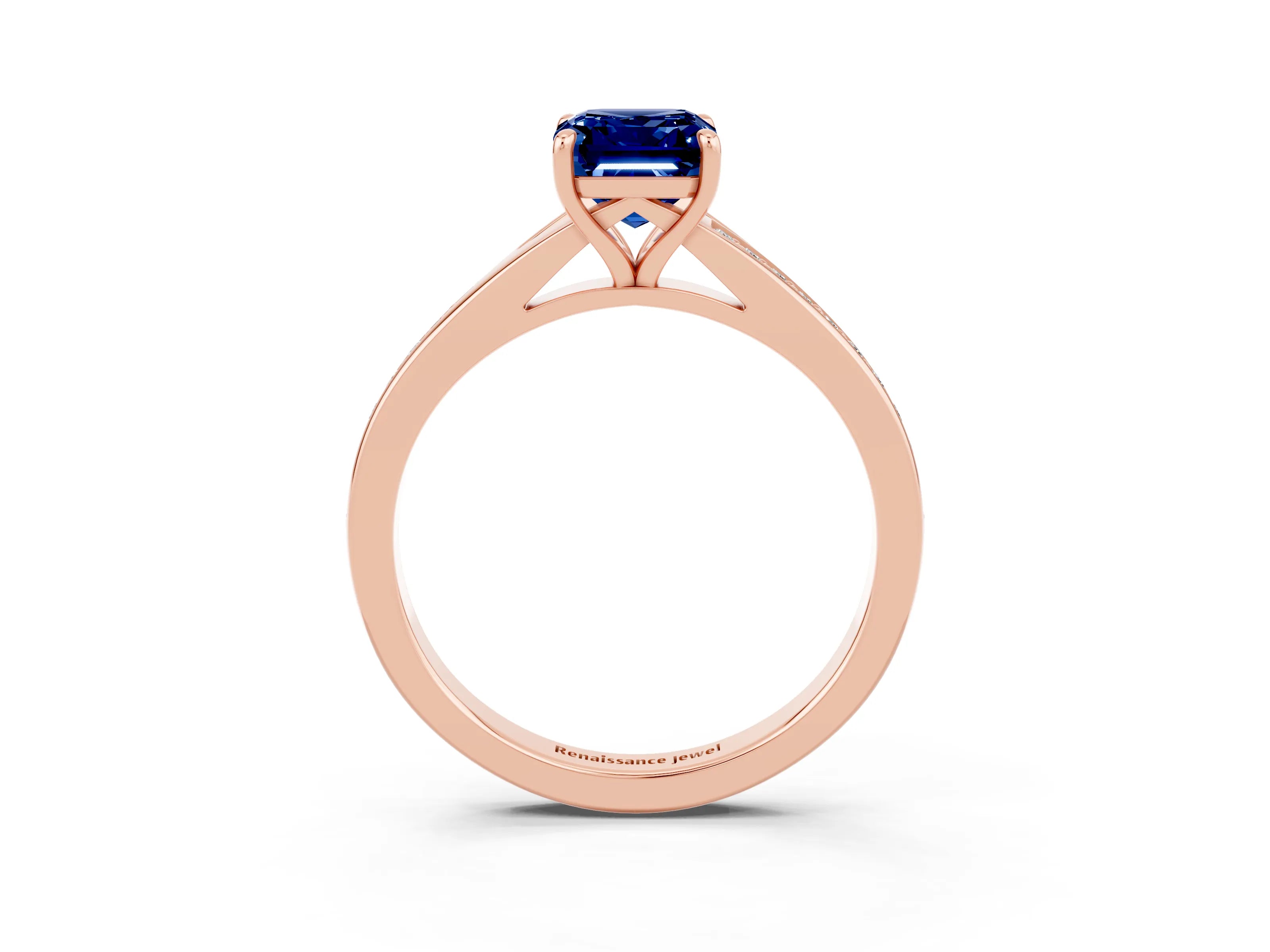 Rose gold Emerald Cut Blue Sapphire Solitaire Ring with Pavé Band and Prong Setting_3