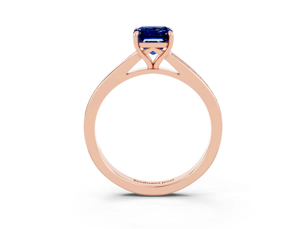 Rose gold Emerald Cut Blue Sapphire Solitaire Ring with Pavé Band and Prong Setting